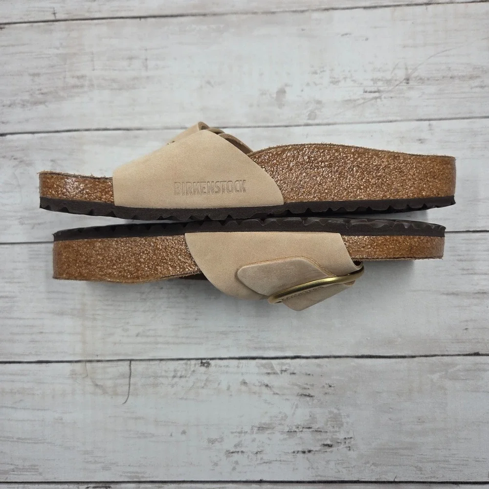 Birkenstock Madrid Buckle Slide Sandal Women 39(L8) Almond Sand Nubuck Leather
